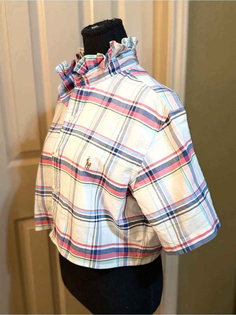 Upcycled Polo by Ralph Lauren Pastel Pink & Blue Plaid Button-Down Crop Shirt - Picture 2 of 9